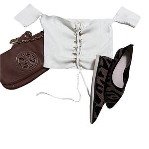 EMORY Park Ribbed Gold Corset Pull Off Shoulder White Cropped Top